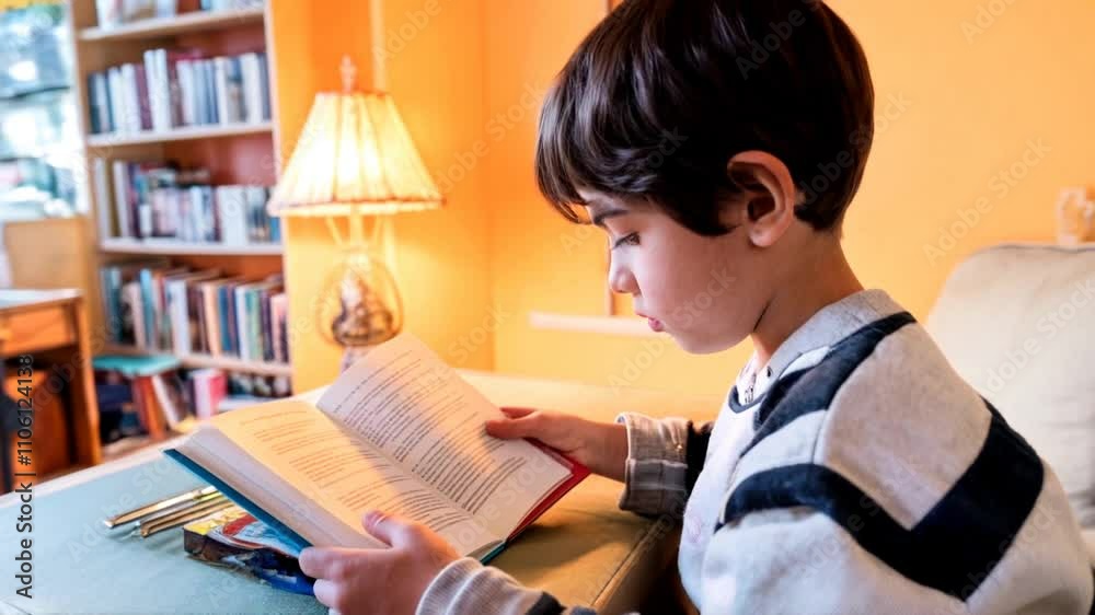 Close-up of a boy reading a book at desk in a library with warm colors and a cozy warm atmosphere Close-up of a boy reading a book at desk in a library with warm colors and a cozy warm atmosphere