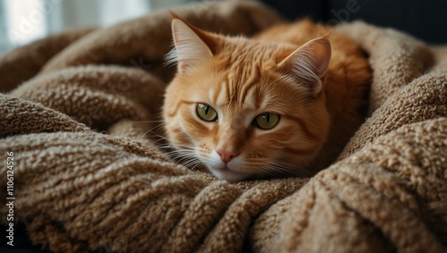 Ginger cat curled up on a cozy blanket.