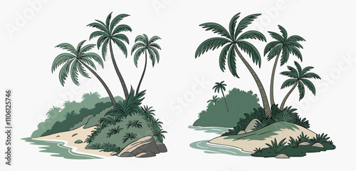 Tropical island set with palm trees, isolated vector on white and transparent background