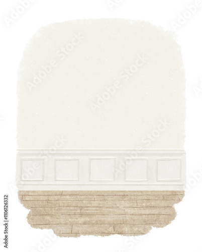 Watercolor vintage cozy empty room in beige tones with light monochromatic wall, white panels and wooden floor isolated on white background. Hand drawn illustration sketch