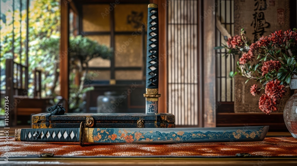 Naklejka premium A traditional Japanese katana sword with a blue and gold blade rests on a wooden table in a traditional Japanese setting, with a vase of red flowers in the background.