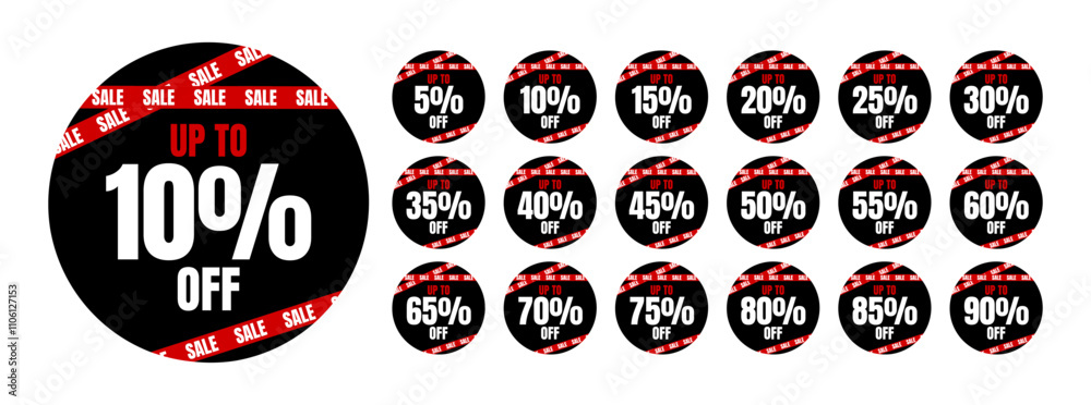 Set of round discount labels with red stripes saying sale. Up to 5, 10, 15, 20, 25, 30, 35, 40, 45, 50, 55, 60, 65, 70, 75, 80, 85, 90 percent off. Set of round discount labels with red stripes saying sale. Up to 5, 10, 15, 20, 25, 30, 35, 40, 45, 50, 55, 60, 65, 70, 75, 80, 85, 90 percent off.