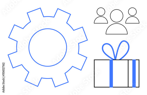 Mechanical gear next to three user icons above a wrapped gift box. Ideal for teamwork, collaboration, productivity, rewards, employee recognition, team-building activities, company culture. Line