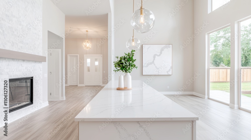 Fototapeta premium A spacious open plan living room, dining area, and kitchen with a large island, perfect for entertaining guests and spending time with family.