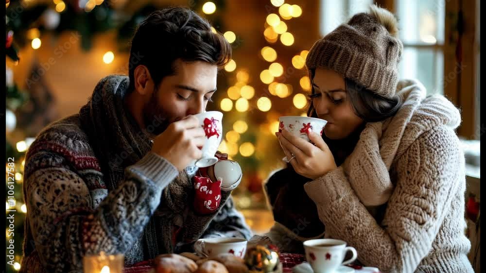 Romantic Couple Enjoying Hot Cocoa by Christmas Decorations, 4K, High-Quality Video Romantic Couple Enjoying Hot Cocoa by Christmas Decorations, 4K, High-Quality Video