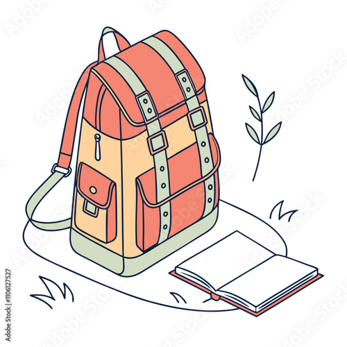 Travel backpacks flat illustrations set. Hiking backpacks and equipment for camping. Ax, bottle of water, cauldron. Camping bag for overnight stay. Design elements