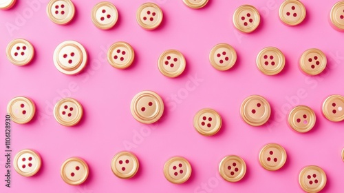 Minimalistic pink background with scattered golden buttons, orderly and playful, vibrant and stylish, aesthetic and creative layout.