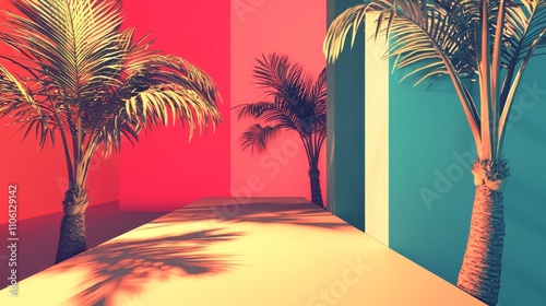 Vibrant palm trees artistic space digital art colorful environment abstract viewpoint creative concept