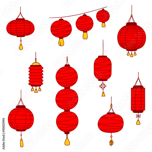 Red Paper Lantern Collection. Traditional Asian Lamps with tassels, knots and strings, various forms, simple icon set. Red, yellow, white background. Design elements, home decor, web, greeting cards