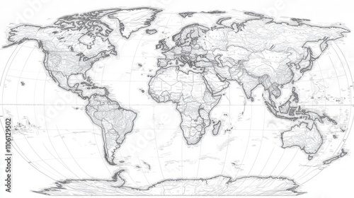 Fototapeta Naklejka Na Ścianę i Meble -  Detailed grayscale world map with country borders and latitude/longitude lines.