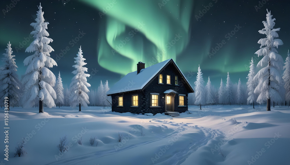 A snowy landscape with a small cabin or house in the foreground, surrounded by a stunning display of green and blue aurora borealis (northern lights) in the night sky A snowy landscape with a small cabin or house in the foreground, surrounded by a stunning display of green and blue aurora borealis (northern lights) in the night sky