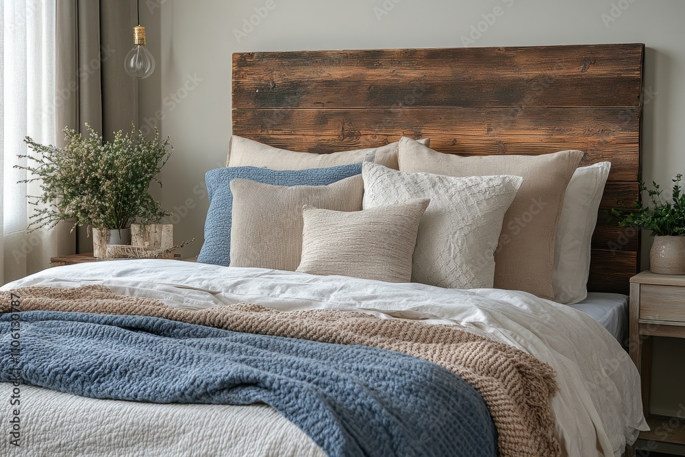 Obraz premium rustic bedroom decor, tranquil bedroom with earthy tones and textured textiles features a reclaimed wood headboard, with space for text