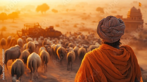 Shepard Leading a Herd of Sheep in the Thar Desert, Jaisalmer, Rajasthan, India photo