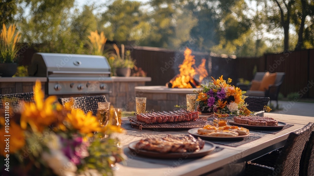 A picturesque BBQ setting with a table adorned with floral arrangements, grilled food, and a fire pit in the background. A picturesque BBQ setting with a table adorned with floral arrangements, grilled food, and a fire pit in the background.