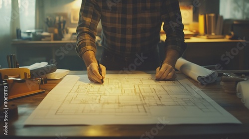 Architect reviewing blueprints at desk.
