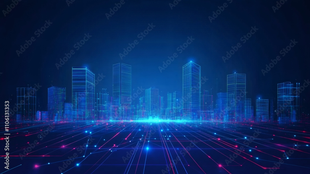 Glowing digital lines and nodes connecting futuristic buildings, symbolizing the smart city concept Glowing digital lines and nodes connecting futuristic buildings, symbolizing the smart city concept