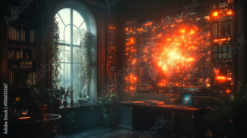 Cozy study room with vibrant digital displays and plants during afternoon sunlight in a warm  inviting atmosphere. Generative AI