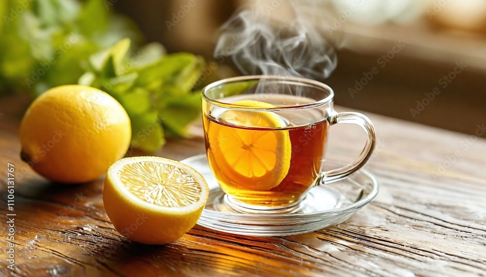 Smoky hot tea in a clear mug with a slice of lemon. Smoky hot tea in a clear mug with a slice of lemon.