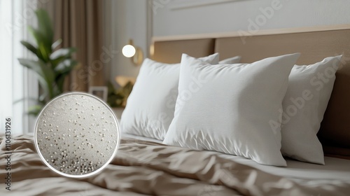 A realistic concept showing a clean white pillow on a bed, with a magnified view illustrating invisible dust mites.