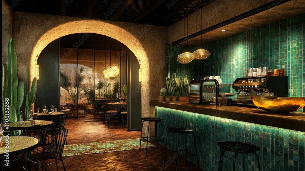 Luxurious restaurant interior with arched doorway, bar, and teal tile. Luxurious restaurant interior with arched doorway, bar, and teal tile.