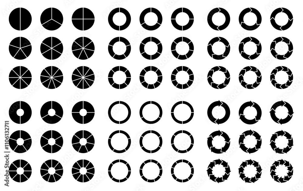 Pie chart diagrams icons set in black colors isolated. Rotating element with 2-10 steps. Set of circle interface. Segment circle round vector 2-10 divide infographic. Vector illustration. Pie chart diagrams icons set in black colors isolated. Rotating element with 2-10 steps. Set of circle interface. Segment circle round vector 2-10 divide infographic. Vector illustration.