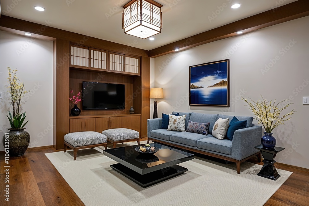 Fototapeta premium Blend Japandi Style with Modern Living Room Design for a Serene Atmosphere