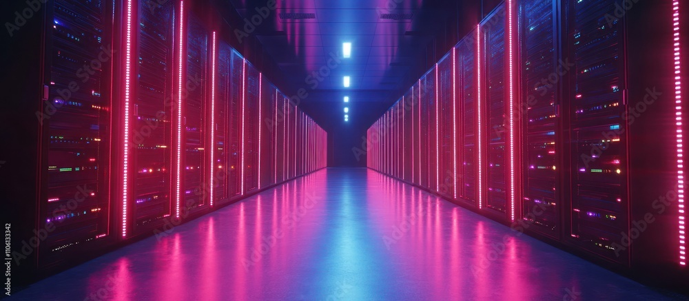 Neon-lit server room with rows of racks and glowing lights. Neon-lit server room with rows of racks and glowing lights.
