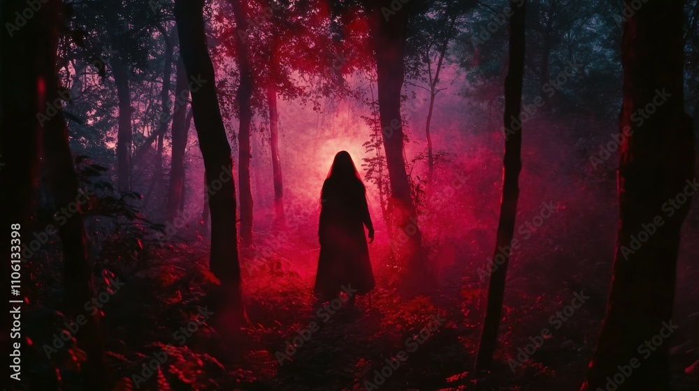 creature shrouded in shadows inside an enchanted forest, crimson light flickering around, mysterious ambiance, dusk settling in