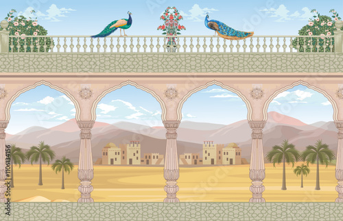 Beautiful Mughal arch indian , palace, village, desert, trees, mountain illustration for wallpaper. Vector File.