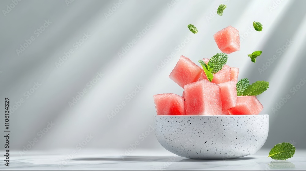 Watermelon cubes arranged in a bowl, sprinkled with fresh mint leaves and a drizzle of honey, positioned on a white tablecloth with natural light illuminating the scene, suggesting a light and Watermelon cubes arranged in a bowl, sprinkled with fresh mint leaves and a drizzle of honey, positioned on a white tablecloth with natural light illuminating the scene, suggesting a light and