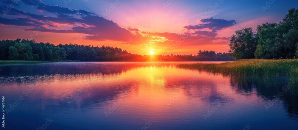Tranquil sunset over a lake with a forest in the background. The sky is filled with vibrant hues of pink, orange, and purple, reflecting on the still water.