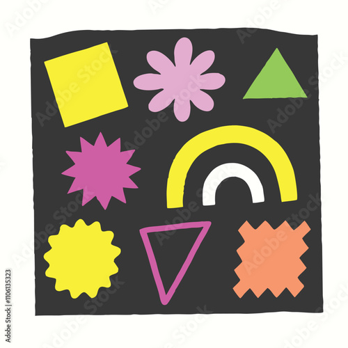 Abstract geometric shapes and icons. 