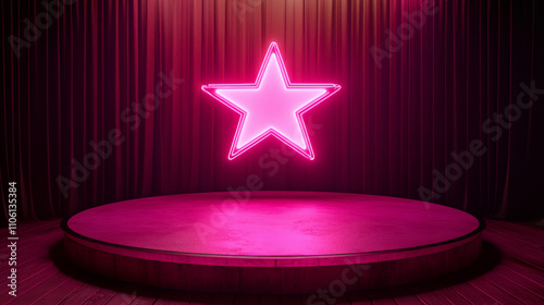 Pink neon star shining above empty round stage with elegant curtains, perfect for showcasing product