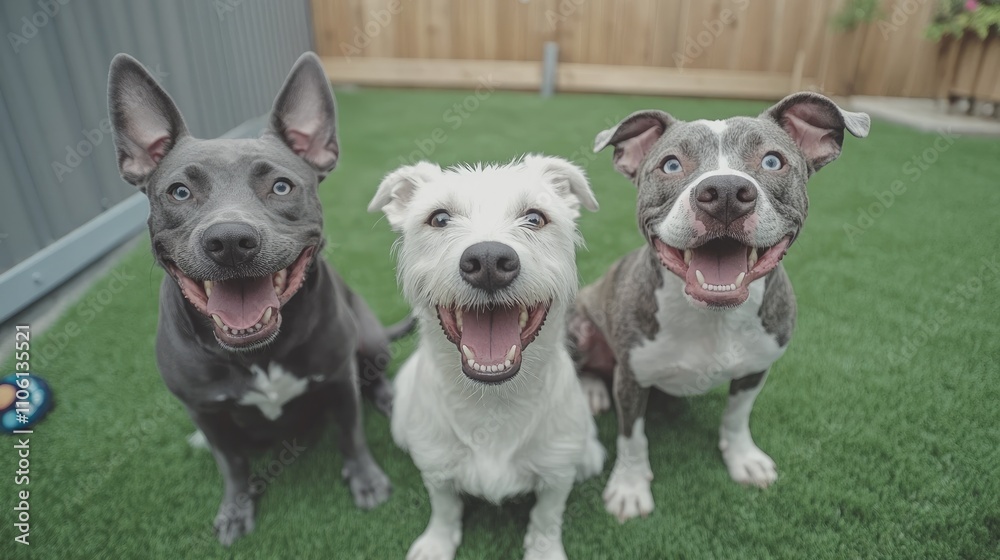 A trio of happy dogs of different breeds sitting on a green lawn, their unique sizes and playful expressions standing out. A trio of happy dogs of different breeds sitting on a green lawn, their unique sizes and playful expressions standing out.