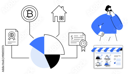 Financial analyst contemplating graphs, charts, and financial documents. Ideal for finance, investments, business planning, real estate, cryptocurrency certificates marketing uses. Line metaphor