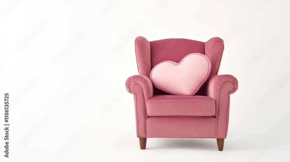 Elegant pink armchair with a heart-shaped decorative pillow, combining modern design and cozy aesthetics, set on a clean white background for a romantic and minimalist vibe. Elegant pink armchair with a heart-shaped decorative pillow, combining modern design and cozy aesthetics, set on a clean white background for a romantic and minimalist vibe.