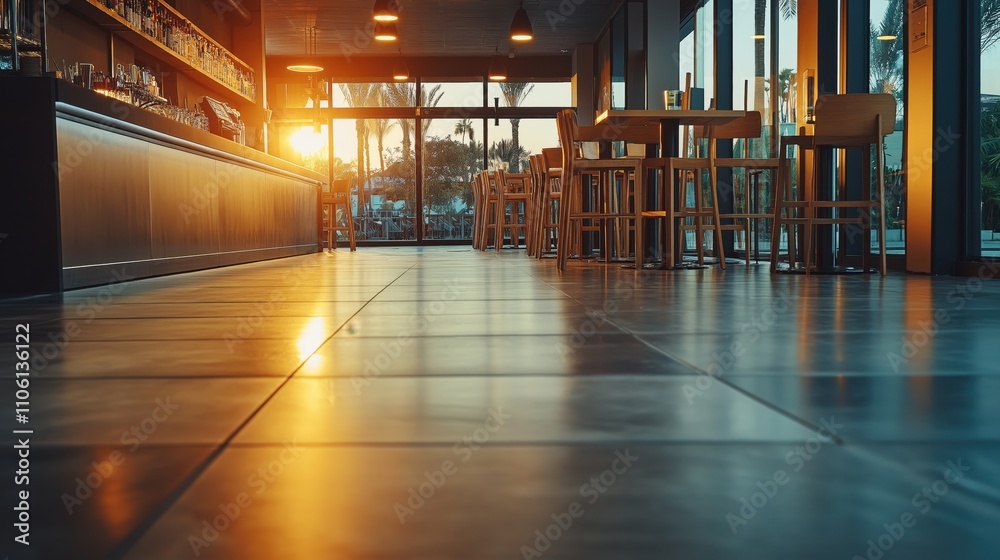 Modern cafe interior with sunlit floor, featuring a sleek bar counter and wooden tables and chairs, large windows offering a view of palm trees and sunset ambiance. Modern cafe interior with sunlit floor, featuring a sleek bar counter and wooden tables and chairs, large windows offering a view of palm trees and sunset ambiance.