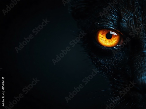 Glowing eyes on a dark background with space for text.