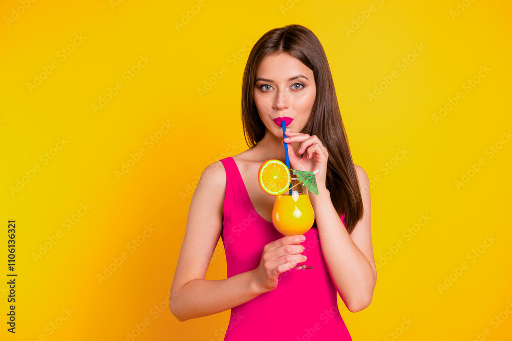 Healthy sweet fresh light non alcohol drink people brunette person concept. Photo portrait of beautiful pretty sexy charming nice glad girl using straw isolated bright vivid background copy-space Healthy sweet fresh light non alcohol drink people brunette person concept. Photo portrait of beautiful pretty sexy charming nice glad girl using straw isolated bright vivid background copy-space