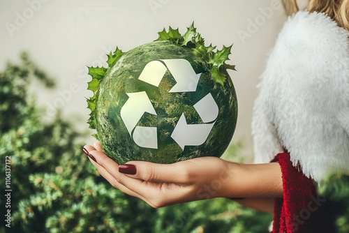 Recycling during festive seasons promotes sustainability. A woman's hand holds the Earth, symbolizing care and connection to the planet. The image is enhanced with Topaz software for stunning quality. photo