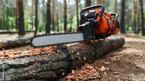 Sawing firewood in the forest with a chainsaw