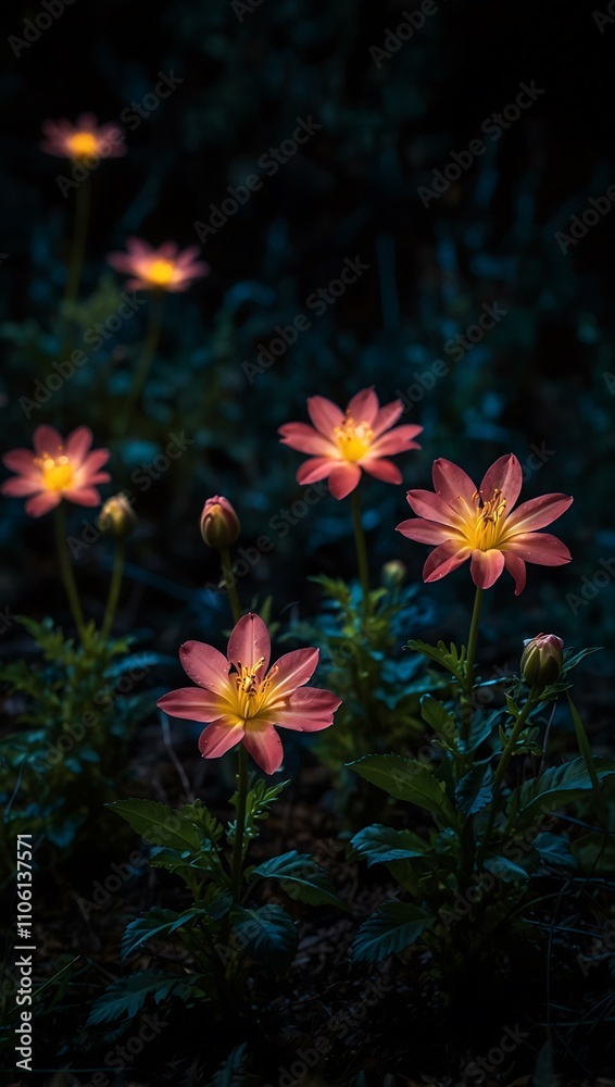 Glowing night flowers in a dark setting. Glowing night flowers in a dark setting.
