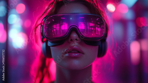 Engaging in virtual reality experiences with immersive technology in a neon-lit environment. Generative AI