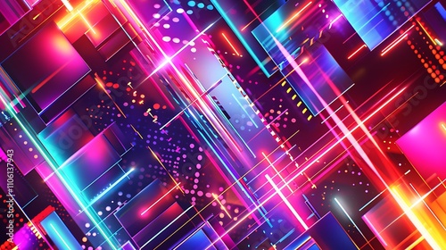 Abstract Background with Vibrant Neon Colors and Glowing Geometric Patterns, Creating a Dynamic and Energetic Visual Experience Full of Light and Motion