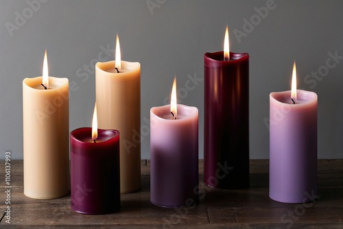 Flickering Flame Pillar Candle Set in Soft Beige Wine and Lavender Colors