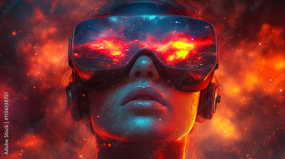 Virtual reality experience transports user to a cosmic world filled with vibrant colors and surreal visuals. Generative AI Virtual reality experience transports user to a cosmic world filled with vibrant colors and surreal visuals. Generative AI