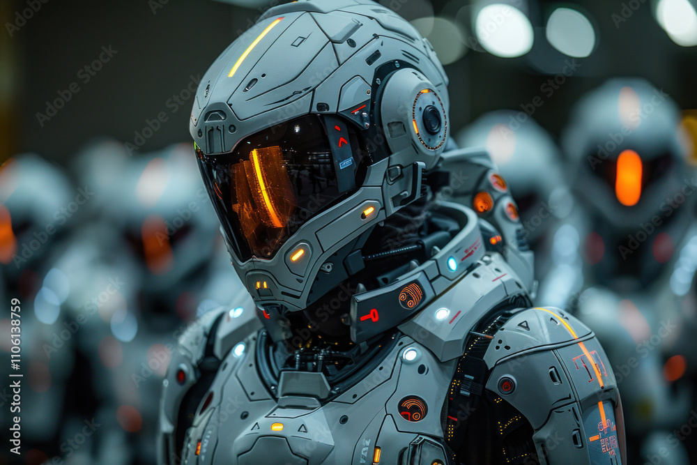 high-tech robot in a futuristic exoskeleton. The robot features gray and metallic tones with bright orange and blue accents on its armor high-tech robot in a futuristic exoskeleton. The robot features gray and metallic tones with bright orange and blue accents on its armor