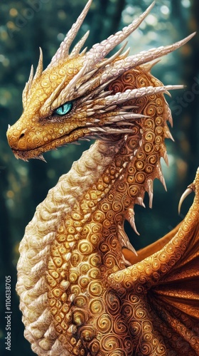 A majestic golden dragon with intricate scales and piercing blue eyes in a mystical forest.