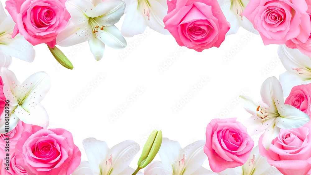 floral frame with pink roses and white lilies floral frame with pink roses and white lilies