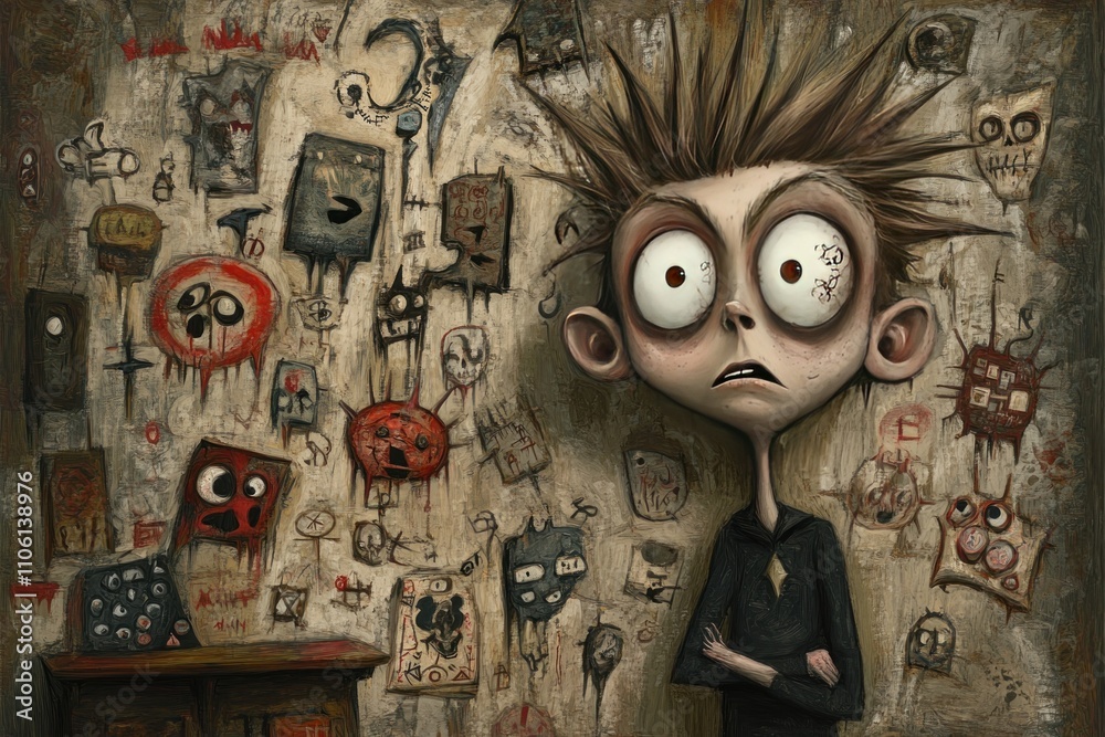 Obraz premium A boy with wide eyes stands against a wall covered in eerie, abstract art and faces.